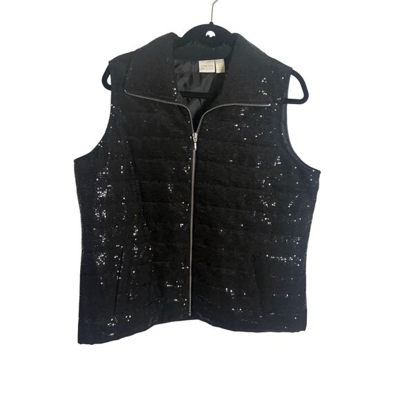 Chico's Collection Women's Sequined Quilted Full Zip Vest Black Size 2/Medium - Picture 1 of 6